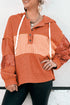 Waffle Knit Stripe Patchwork Henley Drawstring Hood Drop Shoulder Long Sleeve Top